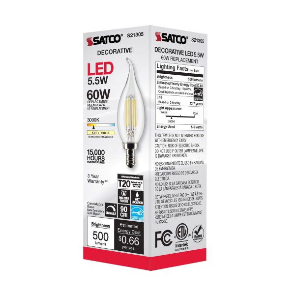 Satco 5.5w CA10 LED 3000K Candelabra Base Dimmable - 60w equiv Online