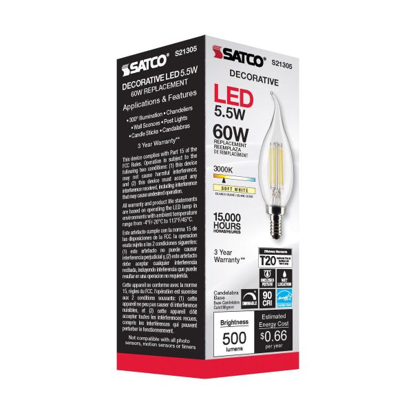 Satco 5.5w CA10 LED 3000K Candelabra Base Dimmable - 60w equiv Online