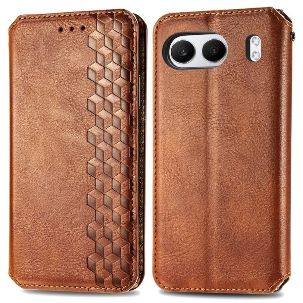 OnePlus Nord 4 leather case with a stylish rhombus imprint - Brown Fashion