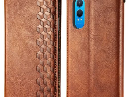 OnePlus Nord CE4 Lite leather case with a stylish rhombus imprint - Brown Discount