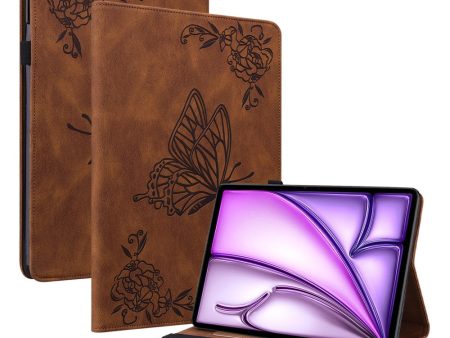 iPad Air 11 (2024) Case Imprinted Butterfly Flower Vegan Leather Flip Card Slots Tablet Cover - Brown For Sale