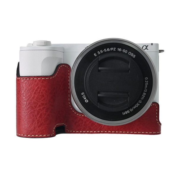 Sony Alpha ZV-E10 II Camera Case Large Cutout Litchi Texture Vegan Leather Protective Cover - Red Supply