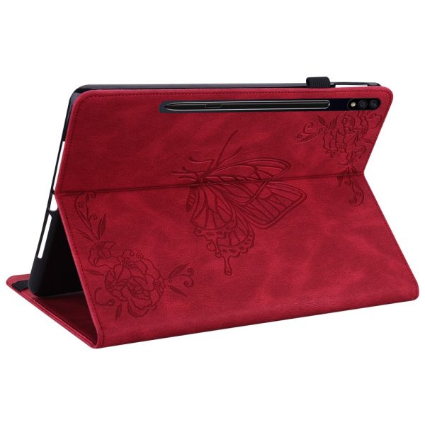 Red Tablet Case for Samsung Galaxy Tab S9 Plus   S9 FE Plus with Butterfly Flower Imprint and Card Holder, Cheap