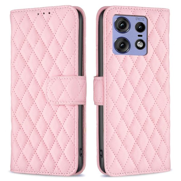 Rhombus pattern matte Motorola Edge 50 Pro flip case - Pink Online Sale