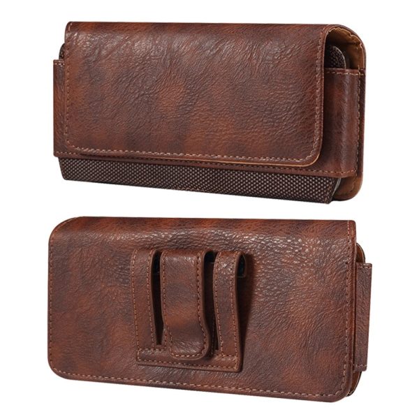 Universal cowhide leather and nylon phone belt bag for 6.7-6.9 inch phones - Brown Fashion