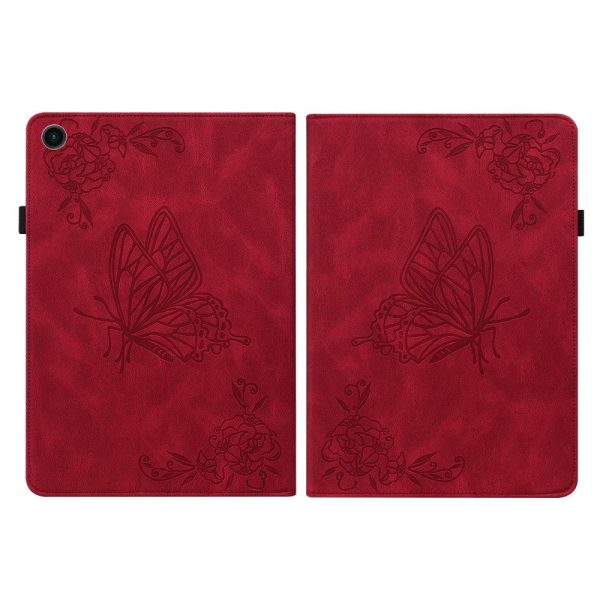 Red leather tablet case for Samsung Galaxy Tab A9 Plus with card holder and butterfly flower imprint Fashion