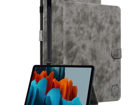 Samsung Galaxy Tab S9 S9 FE Stand Folio Tablet Case Grey Leather Cover with Cute Tiger Pattern and Card Holder For Sale