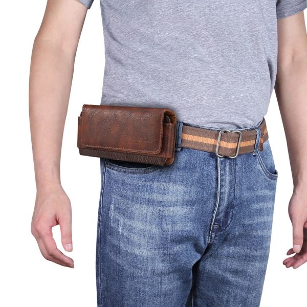 Universal cowhide leather and nylon phone belt bag for 6.7-6.9 inch phones - Brown Fashion