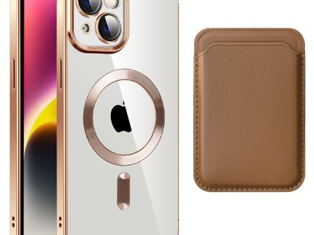 iPhone 14 magnetic back cover with card bag - Brown Online now