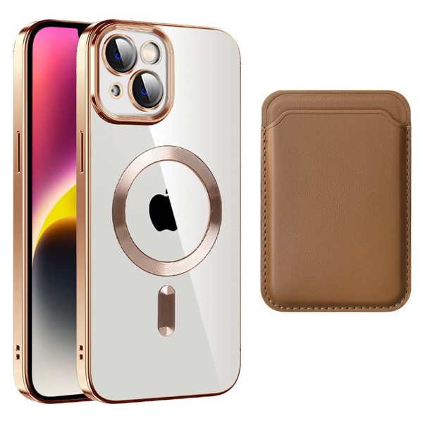 iPhone 14 magnetic back cover with card bag - Brown Online now