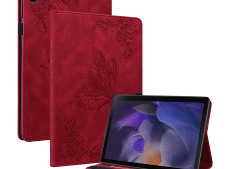 Red leather tablet case for Samsung Galaxy Tab A9 Plus with card holder and butterfly flower imprint Fashion