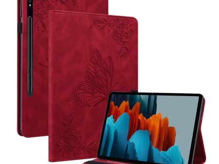 Red Tablet Case for Samsung Galaxy Tab S9 Plus   S9 FE Plus with Butterfly Flower Imprint and Card Holder, Cheap