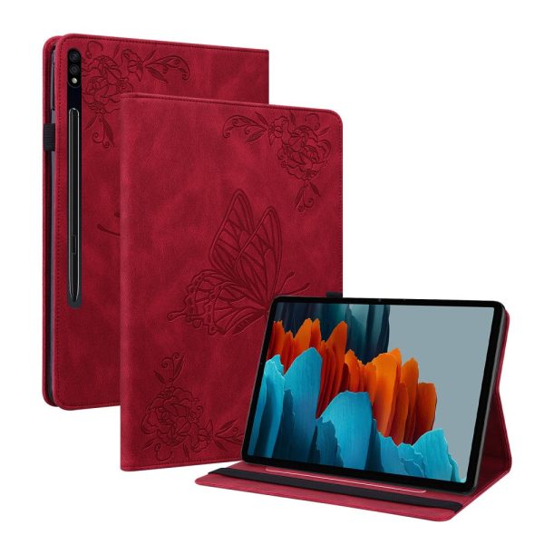 Red Tablet Case for Samsung Galaxy Tab S9 Plus   S9 FE Plus with Butterfly Flower Imprint and Card Holder, Cheap